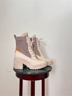 Franco Sarto Cream Lace-Up Chunky Heel Ankle Boots with Houndstooth Panel